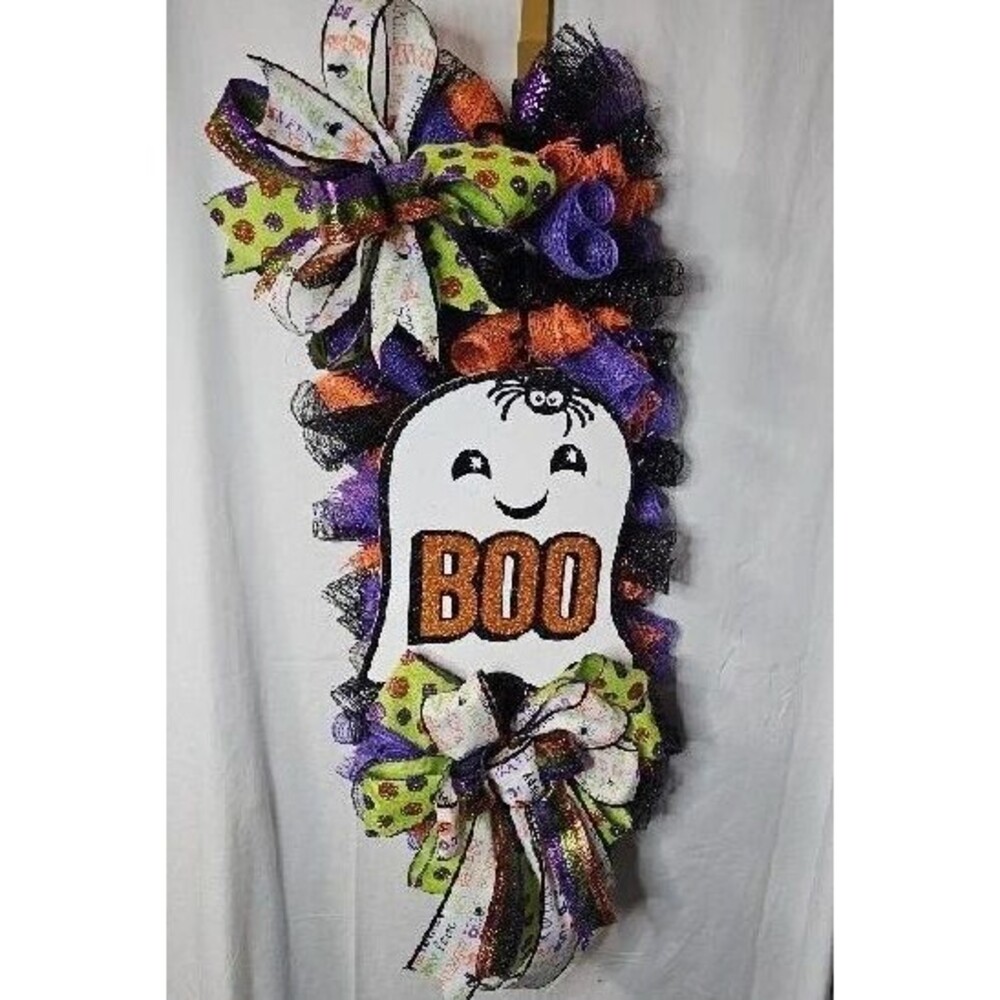 Handmade Friendly Ghost "BOO" Halloween Deco Mesh Door Swag Wreath